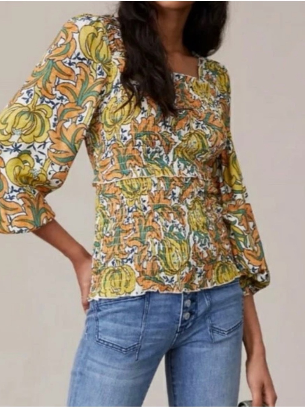 Anthropologie Rayna Smocked Floral Blouse Square Neck Puff Sleeve Boho - Picture 5 of 9